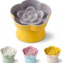 Ceramic Elevated Slow Feeder Cat Bowl, Raised and Gently Tilted Feeding Dish with Maze Design, Whisker-Friendly, Easy to Clean, for Indoor Cats and Small Dogs (Yellow/Purple)