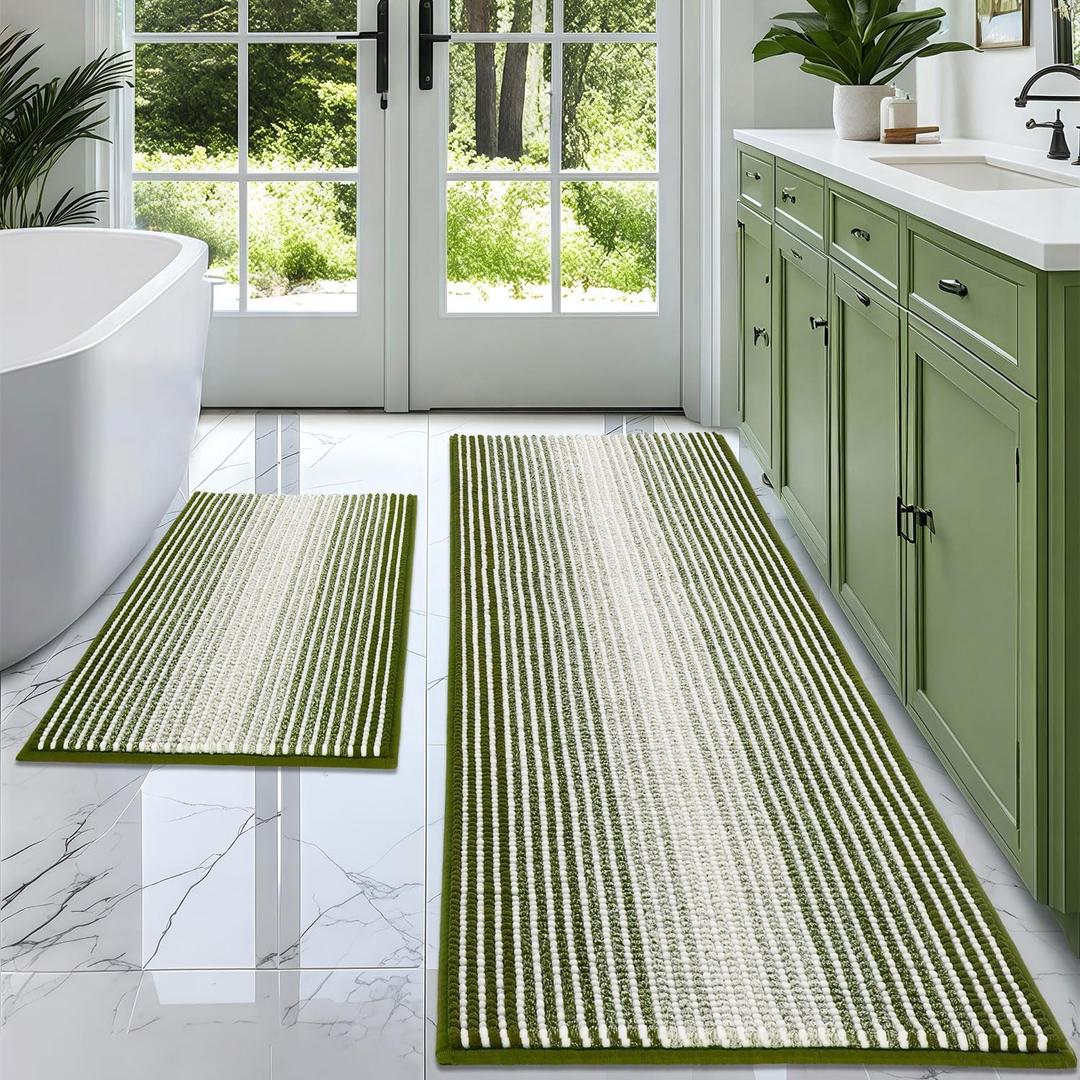 BSICPRO Bathroom Rugs and Mats Sets, 2 Piece Thick Absorbent Chenille Bath Mat Rug Set Non Slip, Soft Shaggy Bath Room Floor Mats for Bathroom, Machine Washable (Sage Green, 20" x 60" Plus 20" x 32")