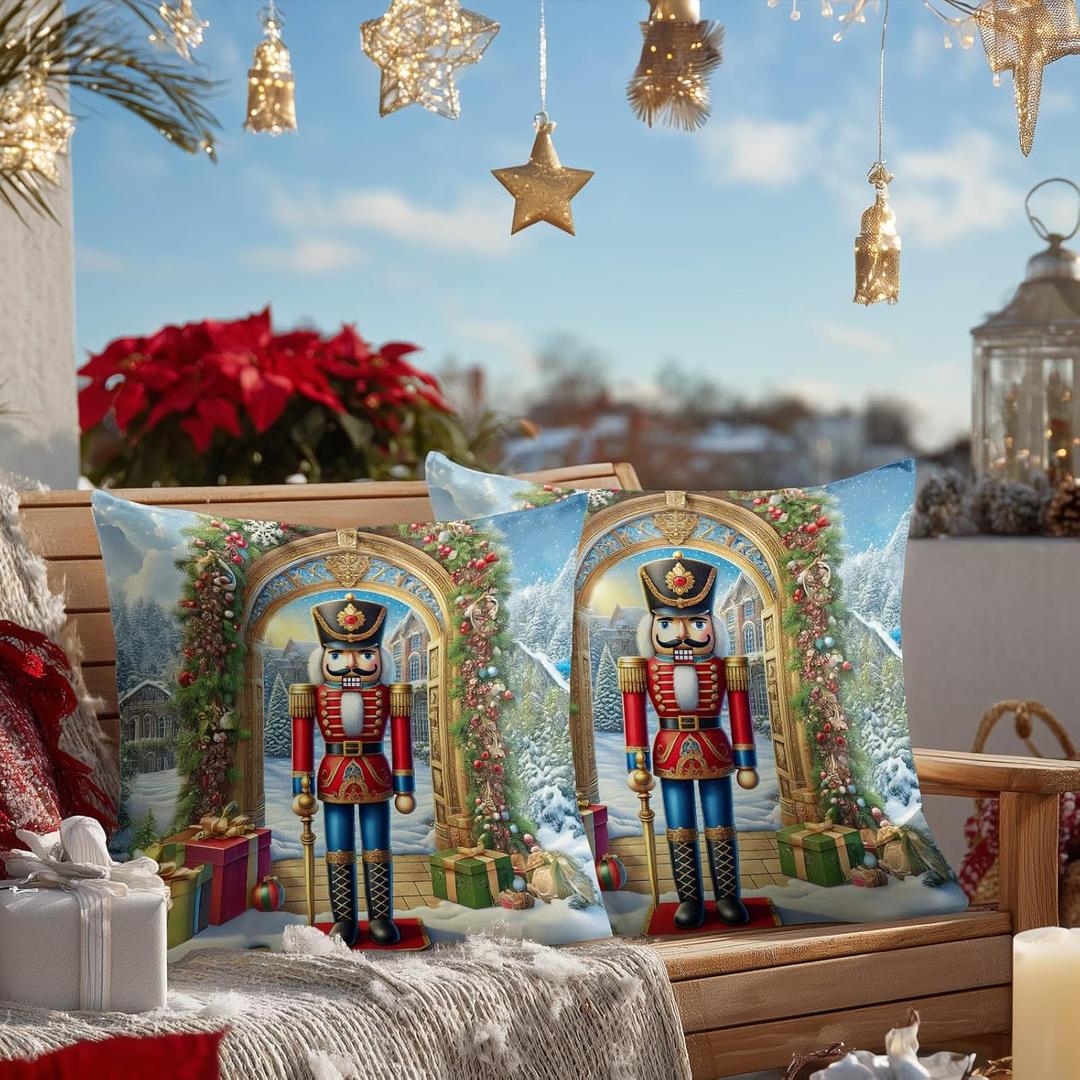18x18 Inch Set of 2 Christmas Throw Pillow Covers Soft Decorative Cushion Covers Holiday Winter Farmhouse Merry Christmas Nutcracker Pillow Cases with Soldier and Gifts for Sofa Couch Bed