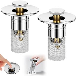 Vodolo 3 in 1 Sink Drain Strainer with Hair Catcher,2PCS Stainless Steel Popup Sink Stopper with Basket for Bathroom Kitchen Shower, Pop-up Bounce Core Floor Basin Drain Filter, Replacement Sink Plug
