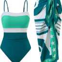 Women’s One Piece Swimsuit with Cover Up Set Skirt Retro 2 Piece Bathing Suit Swimwear (Blue, S)