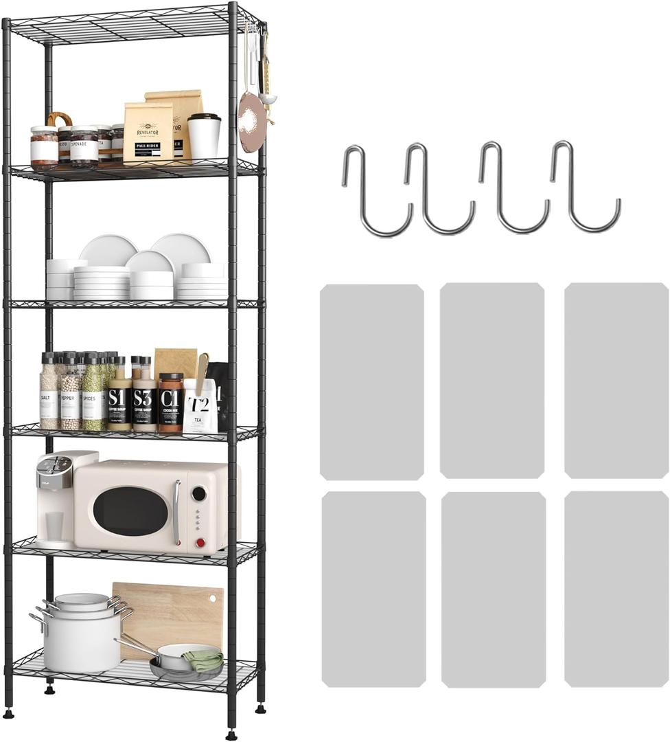 HOMEFORT 6-Shelving Unit, Adjustable Wire Shelving, Metal Wire Shelf with Shelf Liners and Hooks for Kitchen, Closet, Bathroom, Laundry, Black,21" W x 11" D x 69" H (21"W x 11"D x 69"H, Black)