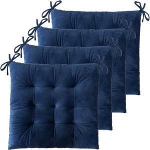ELFJOY 4 Pack Chair Cushions for Dining Chairs Chair Pads Cushion for Kitchen Office Tufted Square Seat Cushion with Ties (16" Navy Velvet)