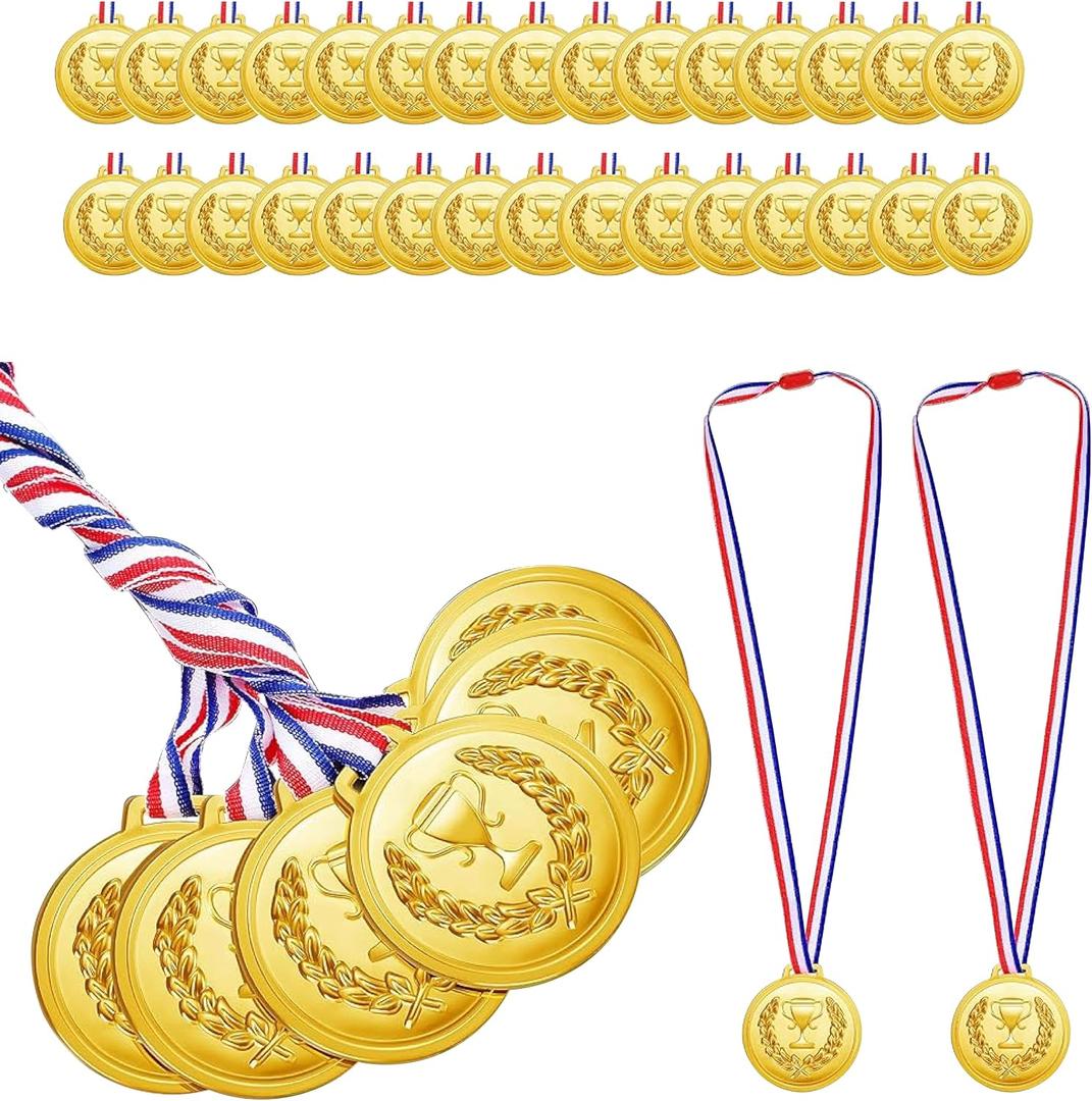 Hicarer 30 Pieces 2.36 Inch Plastic Gold Medals for Awards Sports Soccer Football Medals for Awards Gymnastics Winner Competition Party Favors