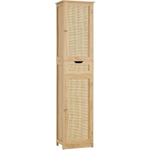 Iwell Tall Narrow Storage Cabinet with Doors, Rattan Cabinet with Adjustable Shelves, Freestanding Linen Storage for Living Room, Entryway, Kitchen, Bathroom, Natural, 11.8"D x 15.7"W x 67.1"H
