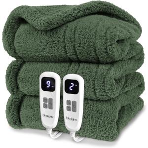 Heated Blanket Electric Blanket King - Fast Heating Blanket Throw Dual Control Double Sided Sherpa with 10 Heating Levels & 2-10 Hours Auto Off, Mashine Washable, 90 x 100 Inches, Green