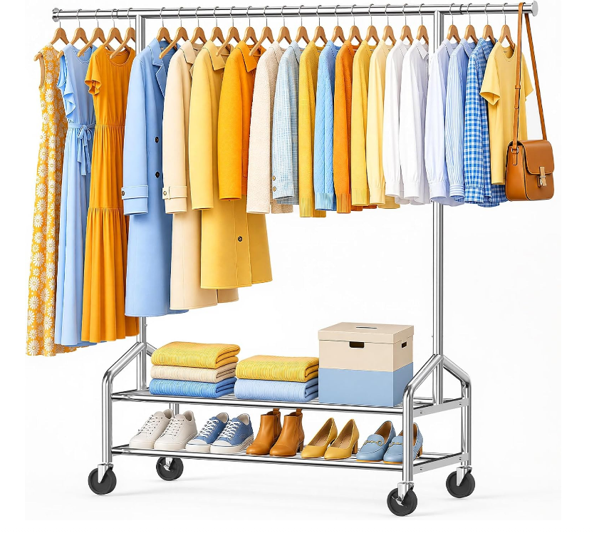 Heavy Duty Clothes Rack Load 650 LBS, Rolling Clothing Rack for Hanging Clothes with 2 Sturdy Shelves, Metal Garment Rack with Wheels for Bedroom, Laundry Room, Retail Store, Silver