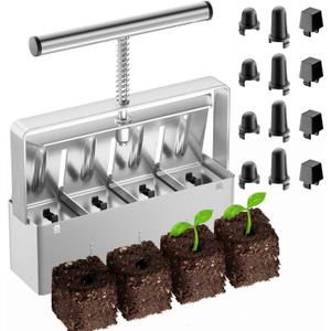 Soil Blocker, 2 Inch Soil Block Maker with 3 Sizes Seed Pins & Comfortable Handle 4 Cell Hand held Soil Blocking Tool for Seed Starting, Grow Seedling, Outdoor Plants, Greenhouses, Garden