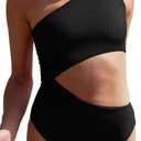 Women's One Piece Ribbed Swimsuit One Shoulder Cutout Swimwear Sexy Bathing Suit (Small, Black)