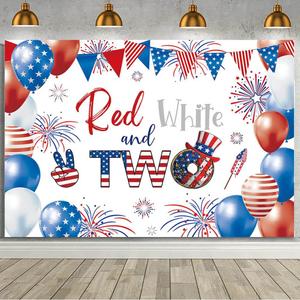 MEHOFOND 7x5ft 4th of July 2nd Birthday Backdrop Red White and Two Party Decorations Banner Red Blue Independence Day Patriotic Theme 2nd Birthday Photography Background Cake Table Photo Booth Props