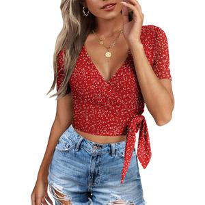 Crop Tops for Women Summer Cute Tops with Deep V Neck Shirts Sexy Unique Cross Wrap Slim Fit Tie Up Front Short Sleeve (Medium, 204-red Floral)