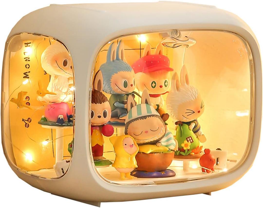 Display case for Figures with Light Adjustable Display Stand Clear Acrylic Display Box with Door Dust and Moisture Proof Suitable for Lego Collectibles Action Figures Pop Mart (White)