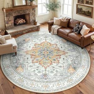 RELEANY Area Rugs 8ft Washable Non-Slip, Floral Vintage Distress Print Pattern Medallion Carpet for Living Room Bedroom Dining Room, Light Yellow Carbon Grey Orange