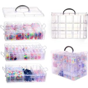 VTG Bead Organizer Box, 56 Pcs Small Plastic Containers with Lids and 3-Tier Stackable Storage Box, Clear Organizers for Jewelry Toys Craft Storage