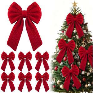 Canlierr 6 Pcs Knitted Large Red Christmas Bows 18in Big Crochet Christmas Tree Bow Neutral Ribbon Bow Hanging for Tree Topper Winter Party Wreath Garland Fireplace Holiday Decorations