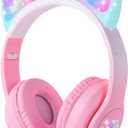 Cat Ear Kids Bluetooth Headphones for Girls Children Teens, LED Light Up Wireless/Wired Mode Foldable Stereo Girls Headphones with Built-in Mic for School Birthday Xmas Gift (Pink)