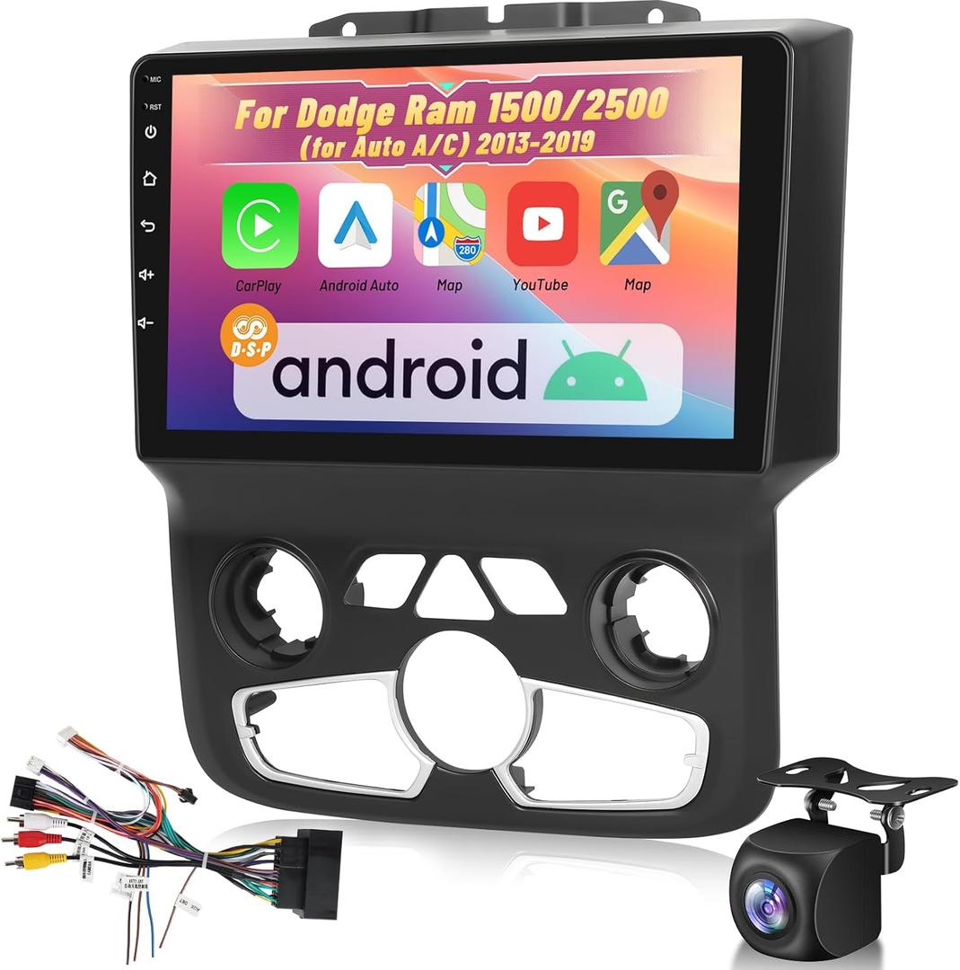 EKAT [2+64G] Android Car Stereo for Dodge Ram 1500/2500 (for Auto A/C) 2013-2019 - 9 Inch Touch Screen Radio with Wireless Carplay, Android Auto, EQ, WiFi, GPS, SWC + AHD Backup Camera
