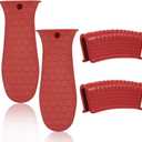 4 Pack Silicone Hot Handle Holder Cover, Silicone Pot Holders Heat Resistant Assist Pan Handle Sleeve Non-Slip Pot Handle Covers for Cast Iron Skillet Metal Pan (Red) (Double Large)