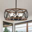6-Light Farmhouse Drum Pendant Light,19.7'' Nature Wood Texture Vintage Rustic Chandeliers Black Metal Industrial Hanging Light Fixtures for Entryway, Bedroom Dining Room