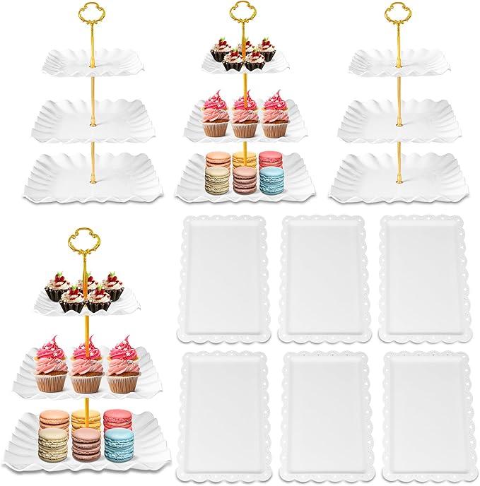 DIDROOM 10 Pack Dessert Table Display Set  4 x ThreeTier Square Cupcake Stands and 6 x Serving Trays, Elegant Tableware for Cakes, Cupcakes, Pastries, and Snacks, Perfect for Parties (White)