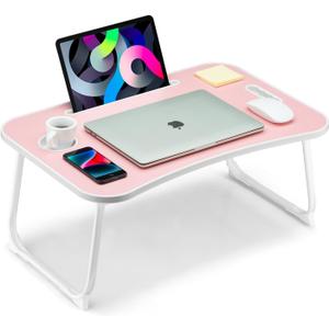 Foldable Lap Desk, Laptop Bed Desk, Portable Lap Table, Laptop Bed Table with Cup Holder & Tablet Slot & Lifting Handle for Working Writing Drawing & Eating - Pink