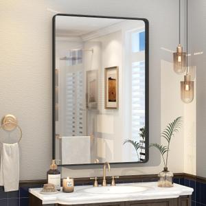 24x36 Inch Black Metal Framed Mirror for Bathroom, Matte Black Vanity Mirror, Rounded Rectangle Bathroom Mirror, Anti-Rust, Shatterproof (Horizontal/Vertical)