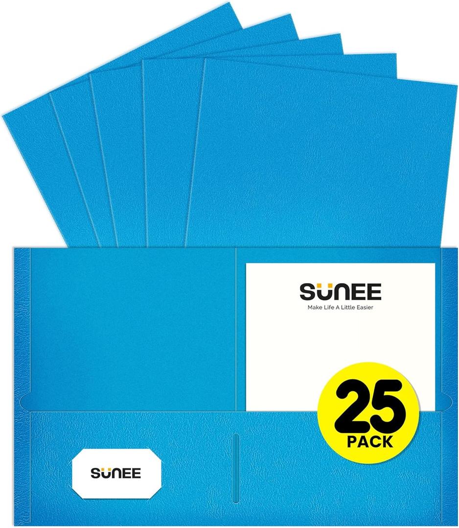 SUNEE Folders with Pockets(25 Pack, Blue), 2 Pocket Folders Fit Letter Size Paper, Paper File Folder for School Office Home Business