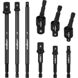 HORUSDY Impact Drill Socket Adapter Set and Universal Joints Socket Set 9-Piece 1/4" 3/8" and 1/2" Driver Socket Adapter, Power Drill