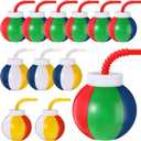 Amyhill Beach Theme Party Supplies Beach Ball Favor Cups with Straws and Lids, 10 oz Plastic Swimming Pool Cups Bulk for Kids Birthday Summer Party(12 Set)