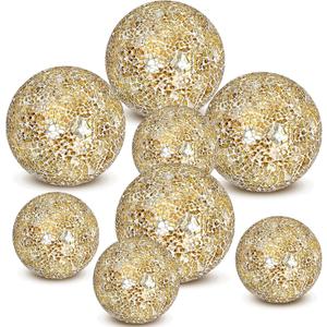Qinyoung Gold 8 Pcs Decorative Ball for Bowls, 3'' 4'' Glass Mosaic Sphere Decorative Orbs for Centerpiece Bowls Vase Fillers, Wedding, Party, Coffee Table & Home Decor
