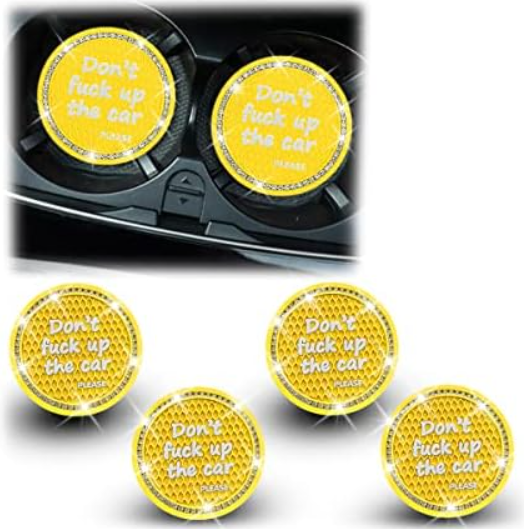 8sanlione Bling Car Cup Coaster, 4Pcs Don't Fuck up The Car Cup Holder, 2.75in Crystal Rhinestone Silicone Anti-Slip Insert Cup Mats, Universal Auto Interior Accessories (Yellow)