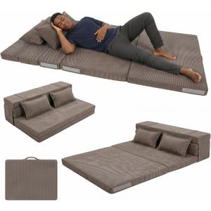 Tri-Fold Futon Mattress,Foldable Japanese Floor Sleep Mattress,High-Density Foam Tatami Bed Mat with Corduroy Cover,Floor Bed for Guest Room,Guest Bed&Flexible Living (Espresso Brown,Full)