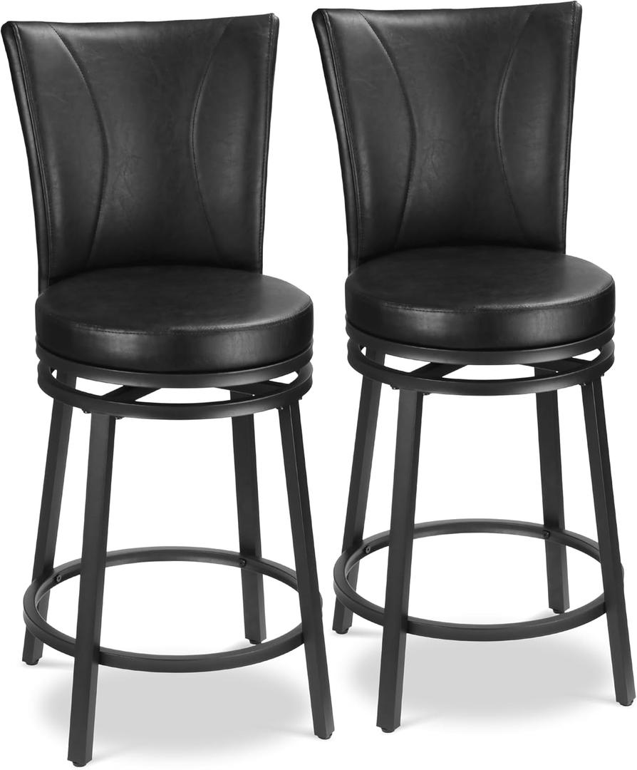Bar Stools Set of 2, Counter Height Swivel Bar Chair with High Backrest, 24 inch Round Seat Barstools for Kitchen Island, Pub, Metal Base, Upholstered PU Leather Dining Chairs, Black