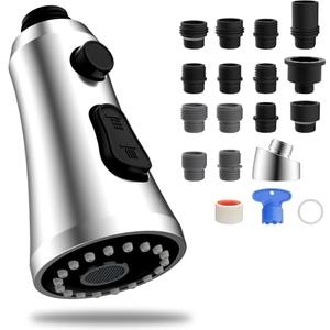 Hibbent Pull Down Kitchen Faucet Head Replacement, 3-Function NSF/ANSI/CAN 61 & CUPC Certified Sink Spray Nozzle, 15 Adapters, Compatible with Moen, Delta, Kohler Faucets, Chrome (Shiny Silver)