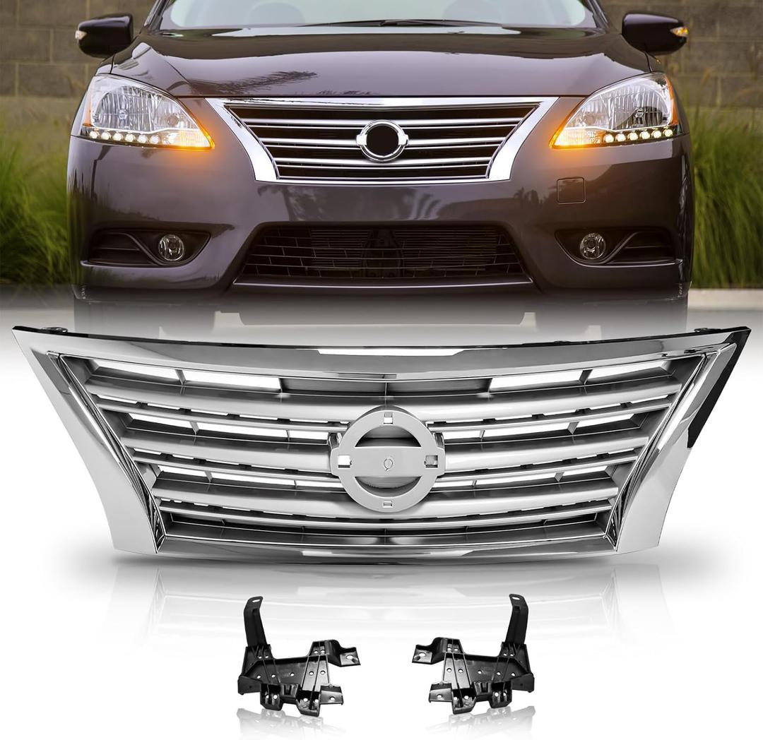 YLT AUTO Front Bumper Cover Upper Grille Replacement Shroud Chrome Front Mesh Air Intake for 2013-2015 Nissan Sentra S SV SL FE+S