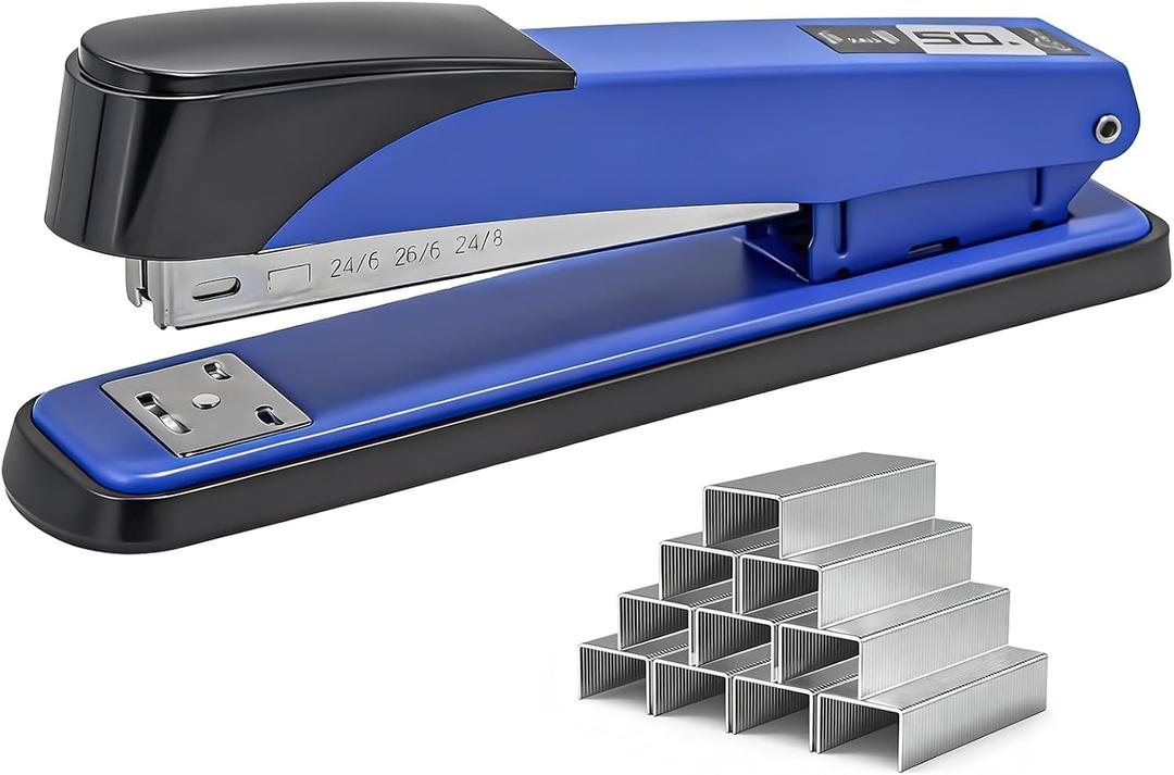Heavy Duty Office Desk Stapler with 1000 Standard 1/4" Staples, 50 Sheet Capacity Durable Standard Smooth Jam-Free Full Strip Stapler, Perfect for Home, School, Office, Business, Paperwork - Blue