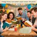 2 x 100 PCS Book Club Due Date Card Napkins Library Paper Napkins Vintage Party Decorations Books Lover, 13 x 13 inches
