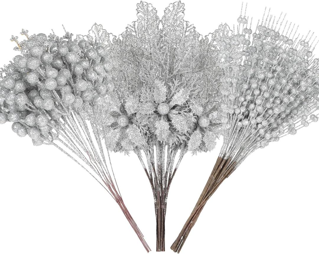 Alupssuc 24 Pcs 3 Styles Glitter Christmas Tree Picks and Holly Berry Stems Christmas Decorations Set, Poinsettia Flowers Artificial for Xmas Tree Ornaments or Party Wreath Fireplace, Silver