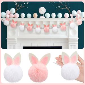 VitalCozy 8.2ft Easter Decorations Garland Cute Short Plush Bunny Garland Felt Ears Easter Banner Decorations for Spring Holiday Party Tree Wall Fireplace Mantle Home Indoor Outdoor Spring Decor (White and Pink)