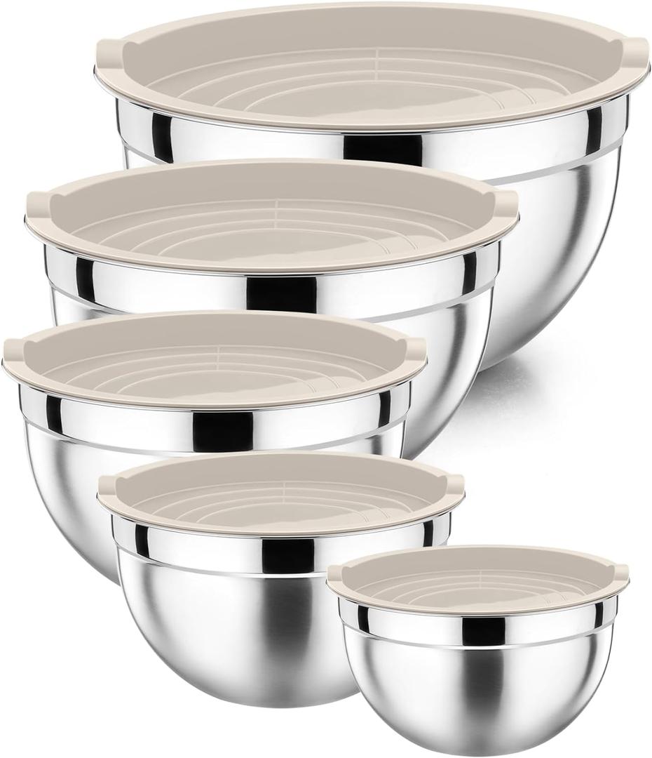 P&P CHEF Mixing Bowl with Airtight Lid Set of 5, 10-Piece Stainless Steel Nesting Salad Bowl Set for Prepping, Mixing and Serving, Size 4.6, 3, 1.5, 1, 0.7 QT, Rimmed Edges & Flat Base, Khaki