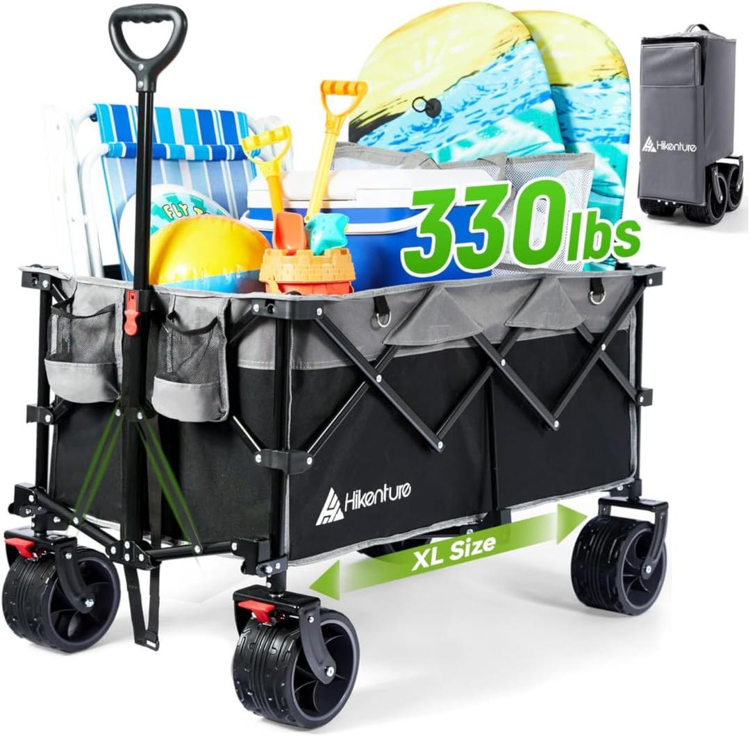 Hikenture Collapsible Wagon Cart, 330lbs Capacity Beach Wagons with Big Wheels for Sand, Heavy Duty Foldable Cart with Brakes, Portable Utility Folding Garden Cart for Outdoor (Black&grey)
