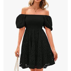 Women's 2025 Eyelet Lace Embroidery Smocked Dress Square Neck Puff Sleeve Off Shoulder Tiered Mini Dress Size S