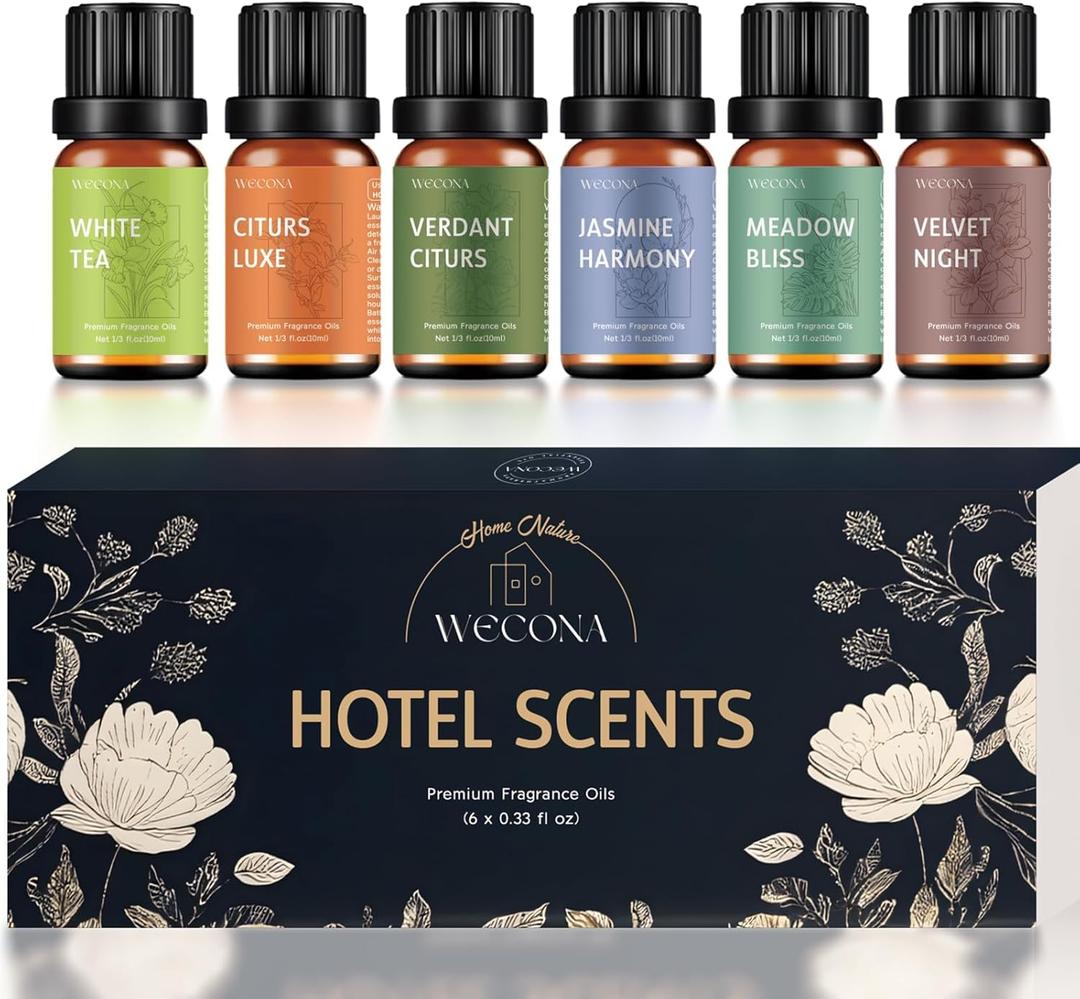 Premium Hotel Fragrance Oil Collection for Diffusers, Essential Oils for Diffusers for Home, Hotel Diffuser Fragrance Oils,Spa & Candle Making, White Tea, Citrus Luxe, Velvet Night and More - 6x10ml (0.33 Fl Oz (Pack of 6))