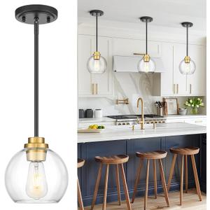 Pendant Lights Kitchen Island, 7" Black and Gold Hanging Lights Fixtures with Clear Glass Globe Shade, Modern Kitchen Island Lighting for Bathroom, AD-22280-1P-KG