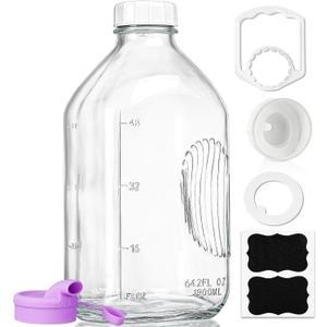 64 Oz Heavy Duty Glass Milk Bottle with Reusable Airtight Strong SCREW LID - 1/2 Gallon Water Bottles with Scale Lines - 2 Qt Glass Milk Jug Pitcher - Extra Gaskets & Handle! (1 PACK)