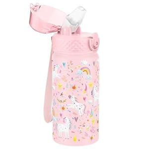 Kids Water Bottle, GOPPUS 14 oz Insulated Water Bottle with Straw, Double Vacuum Leakproof, BPA Free, for Boys and Girls, Pink Unicorn