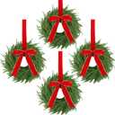 4 Pcs Christmas Wreaths for Front Door, 15 Inch Fluffable Artificial Norfolk Pine Wreath with Red Bow, Easy to Shape for Full & Lush Look, Indoor Outdoor Holiday Decor
