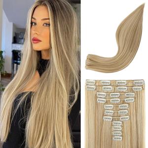 REECHO Hair Extensions, 11PCS Clip in Hair Extensions 24" Long Straight hair extensions HE005 Natural Soft Synthetic Hairpieces for Women Dark Blonde with Highlights