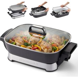 Elite Gourmet 15" x 12" x 3" Stow-Away Foldable Electric Skillet, Ceralast PFAS Free Ceramic, 1500W Rapid Heat, Dishwasher Safe Pan & Lid, Black/Grey