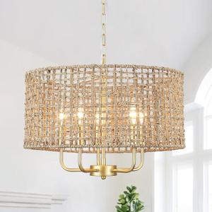 5-Light Gold Hand-Woven Rattan Chandelier Large Farmhouse Boho Chandeliers with Wicker Shade Rustic Drum Light Fixtures for Dining Room Kitchen Living Room Foyer Entryway Hallway, E12